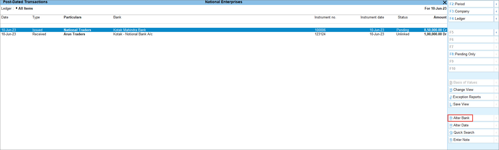Alter bank for notional bank ledger