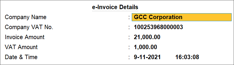 Details related to the e-Invoice in TallyPrime