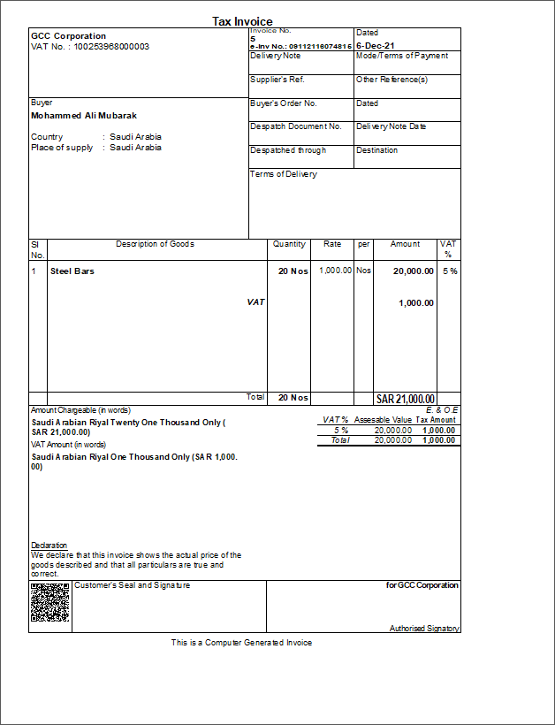 The print preview of an e-Invoice in default format in TallyPrime