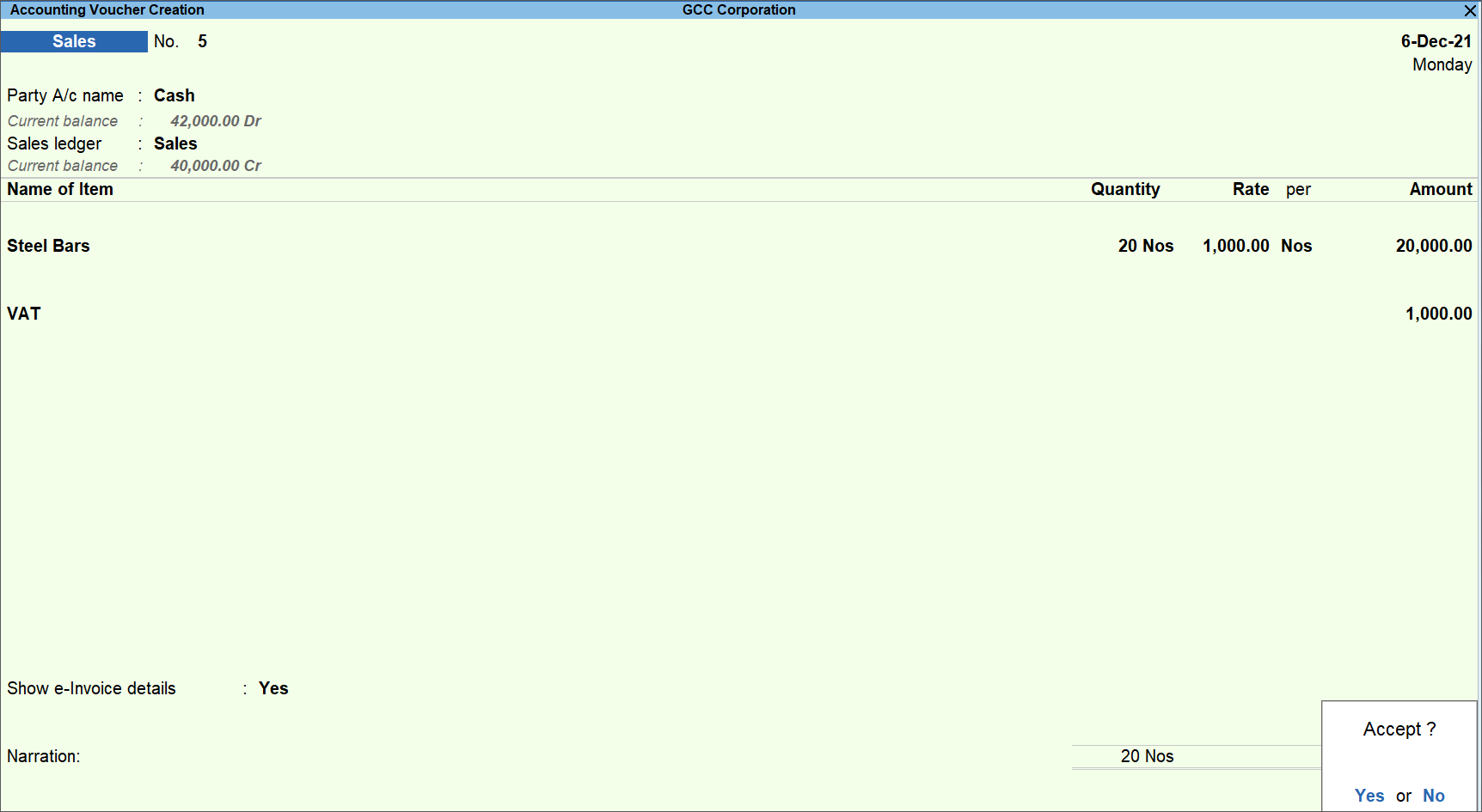 Generating e-Invoice for KSA by recording Sales voucher in TallyPrime