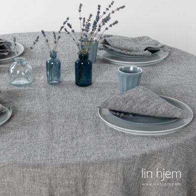 Mørkegrå vasket lin-bomull duk, rund.