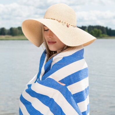 PALERMO blå stripete lin-bomull strandhåndkle