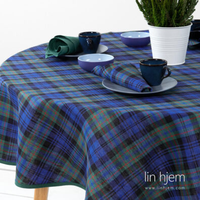 Halvlin duk i grønne/blå ruter, rund.