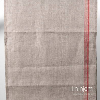 Linstoff i naturlig farge med røde striper.
