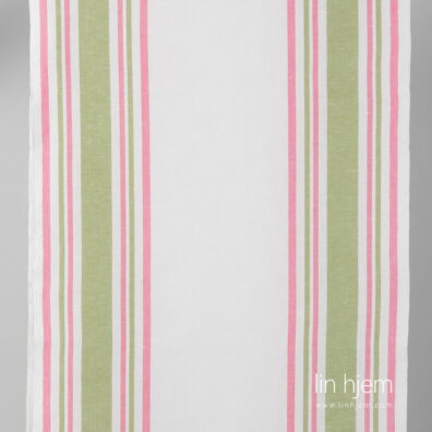 Hvitt stoff i halvlin med grønne rosa striper.