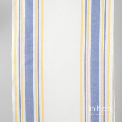 Hvitt halvlin stoff med gule blå striper.