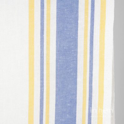 Halvlin stoff i hvitt farge med blå og gule striper.
