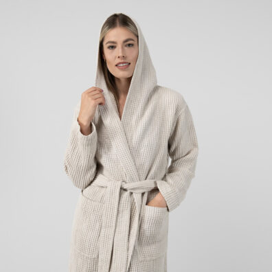 VERO lysegrå lin-bomull morgenkåpe med hette