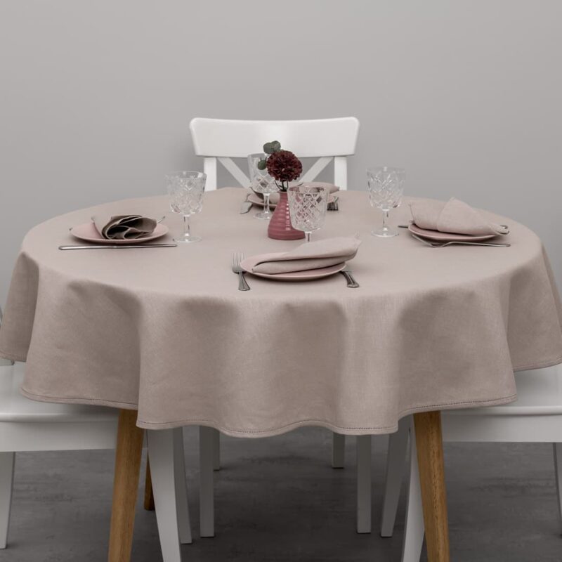 Rund gr&aring;aktig duk, koma.