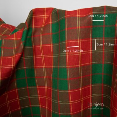 Rutete halvlin stoff, rød og grønn farge.