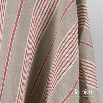 Stripete halvlin stoff, rødt, grått.