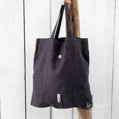 Mørkegrå veske av lin, saga.