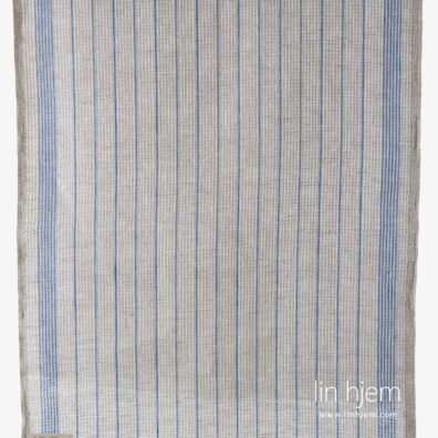 Grått vaffel linstoff med blå striper.