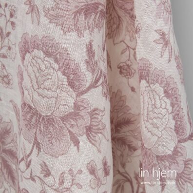 100% linstoff med rødaktige blomster, gjennomsiktig.