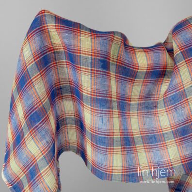 Gjennomsiktig linstoff i blå og oransje ruter.