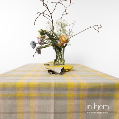 Grå-gul rutete lin-bomulls duk.