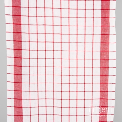 Halvlin stoff med røde ruter