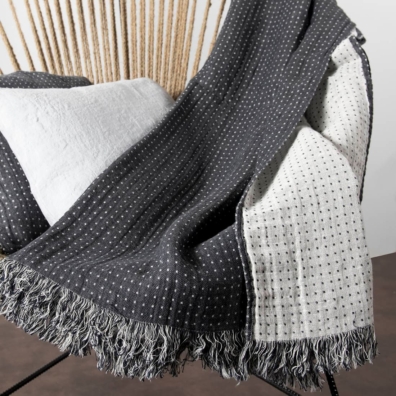 Dobbeltsidig mørkegrå-hvit lin-bomullspledd med prikker