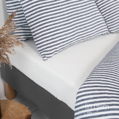 MALAGA lin sengesett mørkeblått - hvitstripet og hvitt laken / stretchlaken KOKOS
