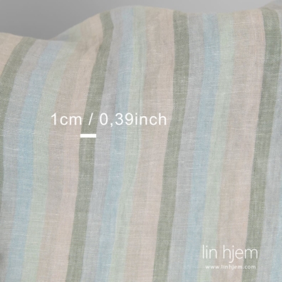 Linstoff stripet vevd av lys grå, lyseblå, lys grønn, taupe, lys rosa, lagret grønt og hvitt garn