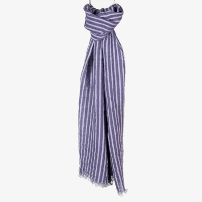 Linsjal med vertikale striper av lilla og blågrått garn.