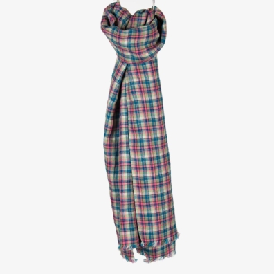 Rutete linsjal vevd av naturlig (brungrått), mørk turkis, grønt, mørkeblått, rosa og grått garn