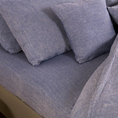 MALTA lin-bomull laken / stretchlaken mørkeblått - beige melange.