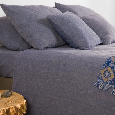 MALTA lin-bomull dynetrekk mørkeblått - beige melange med knapper.