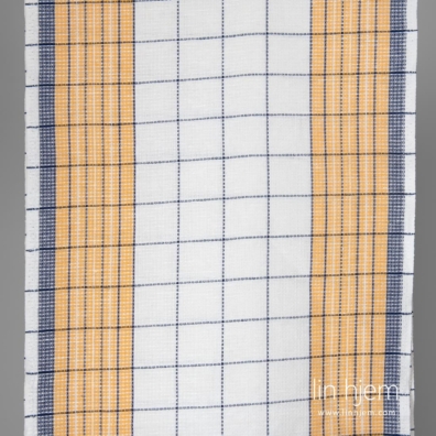 Halvlinstoff snøhvit med gule og blå ruter