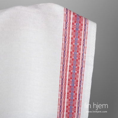 Lin-bomull stoff vevd av knallhvitt, rødt og blått garn