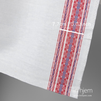 Halvlin stoff hvitt med røde og blå striper på begge sider