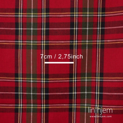 Rutete lin bomullstoff vevd av rødt, svart, lys gult, mørkegrønt og melkehvitt garn