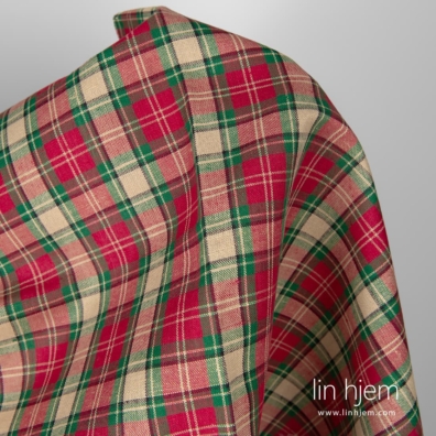 Halvlin stoff med beige og røde ruter, 150cm bredt