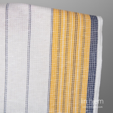 Lin-bomull stoff hvit vaffel med gule og blå striper