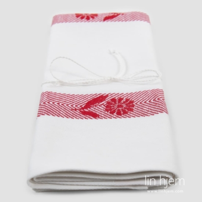Lin-bomull hvitt kjøkkenhåndkle med røde blomster, jacquard