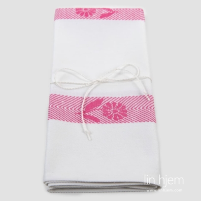 Hvitt halvlin kjøkkenhåndkle med rosa blomster, jacquard