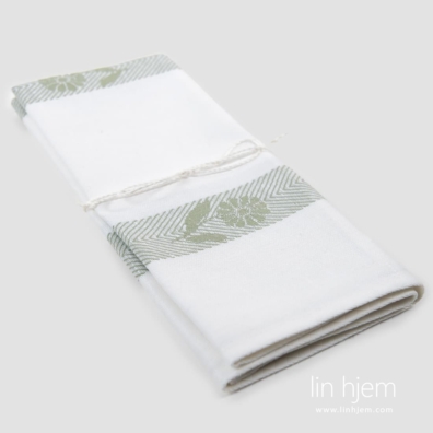 Halvlin kjøkkenhåndkle hvitt med grønnaktige blomster