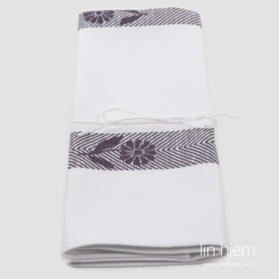 Halvlin kjøkkenhåndkle hvitt med lilla blomster, jacquard, 50x70cm