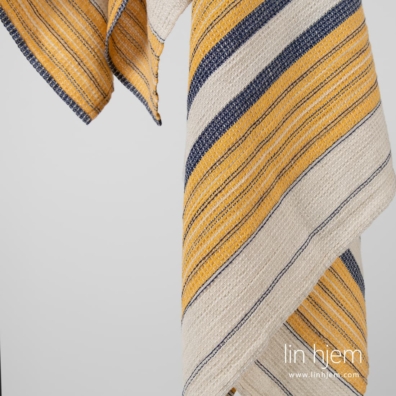 KORA lin-bomull vaffel håndkle med striper vevd av beige, hvit, blått og gult garn