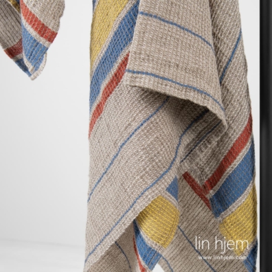 Lin-bomull vaffel håndkle med striper vevd av hvit, blått, gult, rødt og mørk beige garn