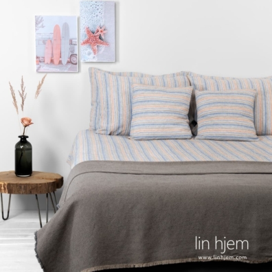 HAWAI lin-bomull sengesett blå-brun stripete