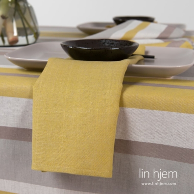MIMOSA gul lin-bomull serviett og MIMOSA grå-gul stripete halvlin duk