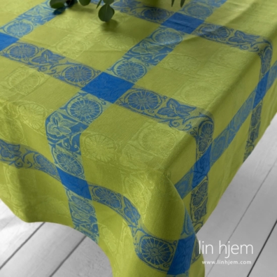 Grønn lin-bomull duk med blå ruter, jacquard
