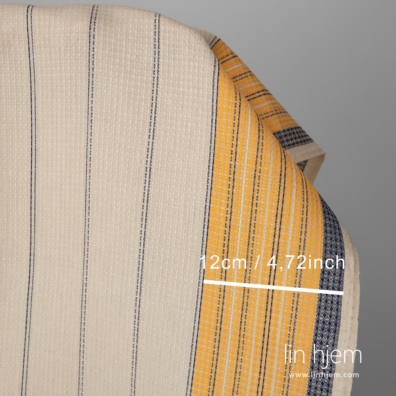 Lin-bomull vaffel stoff beige med gule og blå striper egner seg til å sy håndklær og kapper