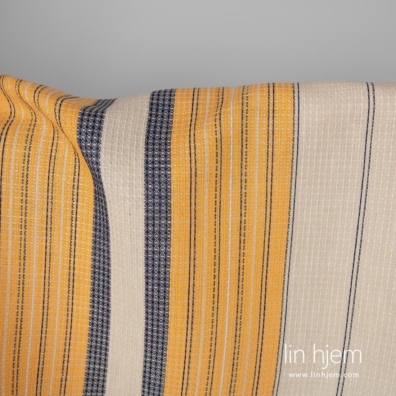 Lin-bomull vaffel stoff beige med gule og blå striper 150cm bredt