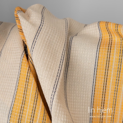 Lin-bomull vaffel stoff vevd av beige, hvit, blått og gult garn