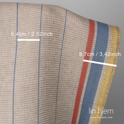 Lin-bomull vaffel stoff med striper vevd av hvit, blått, gult, rødt og mørk beige garn