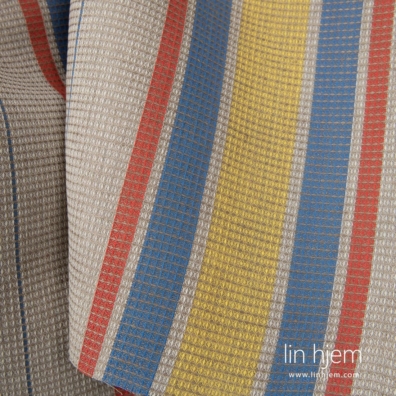 Lin-bomull vaffel stoff beige med gule og røde striper 150cm bredt