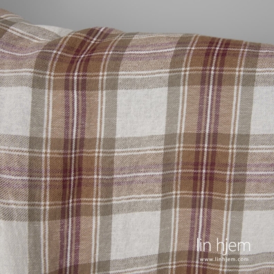 Rutete lin-bomull stoff vevd av melkehvitt (gulhvitt), gråbrunt, rødbrunt og lysebrunt garn