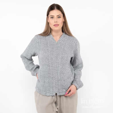 Jakke i jacquard diamantvevd linstoff i melkehvit og mørkegrått garn